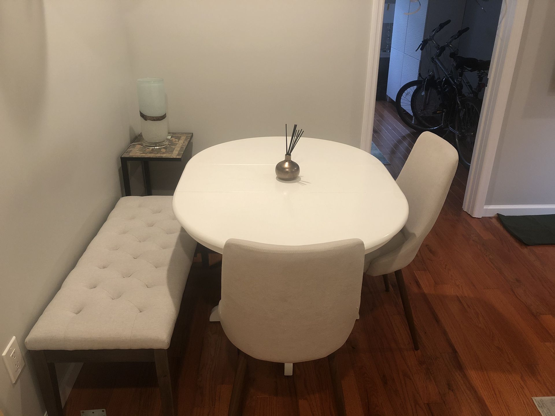 Kitchen dining set; table, 2 chairs, 2 benches