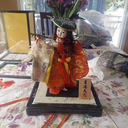 Very Old Japanese Gesia Doll In Glass Case.