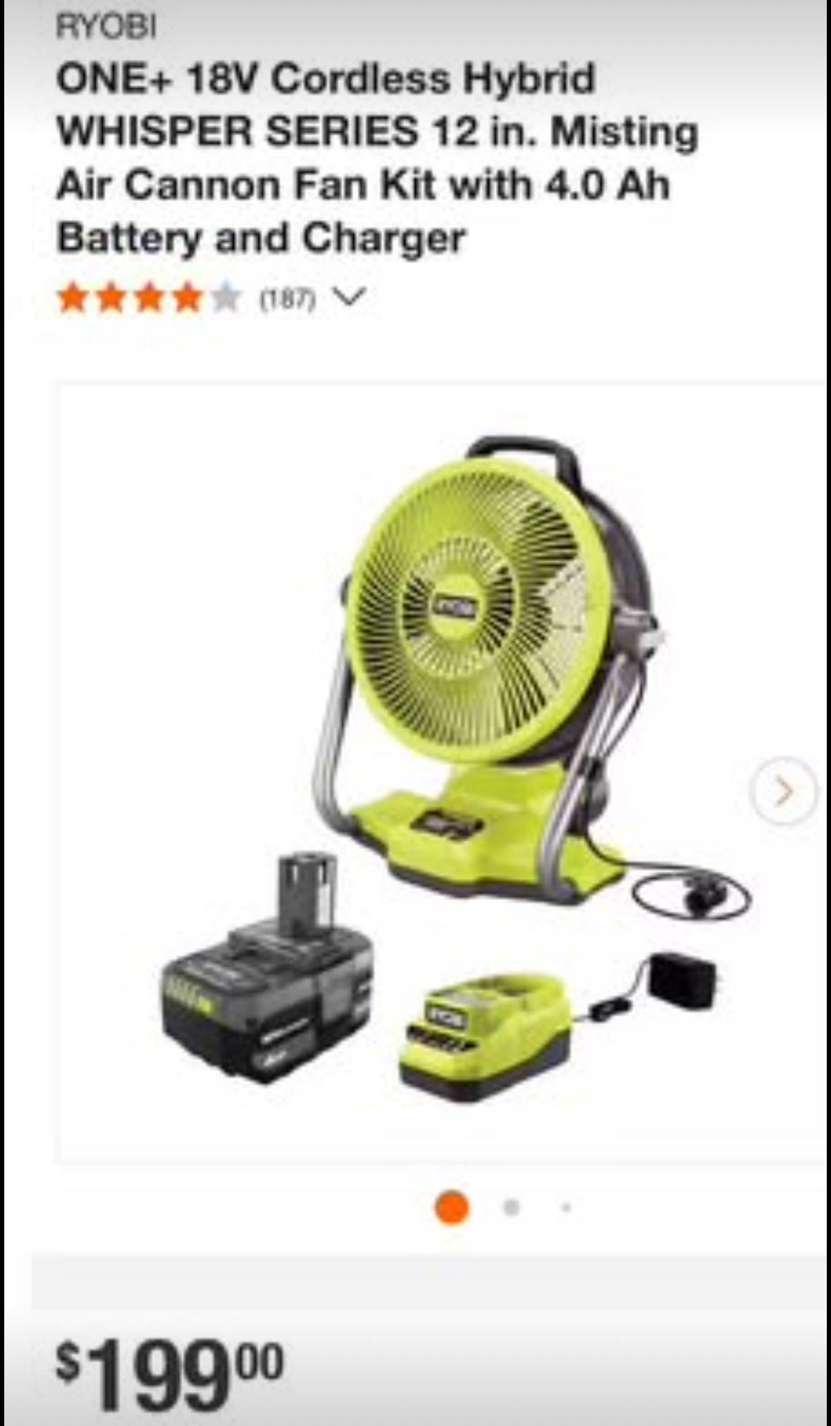 Brand new in the box RYOBI ONE+ 18V Cordless Hybrid WHISPER SERIES 12 in. Misting Air Cannon Fan Kit with 4.0 Ah Battery and Charger