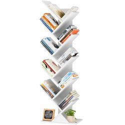 SHEEPAM 10 Tier Tree Book Shelf, Floor Standing Wood Bookshelf for Narrow Space, Storage Organizer Bookshelves for Books/CDs/Magazine, Bookcase with S