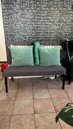 Gray Upholstered Bench with Tufted Back