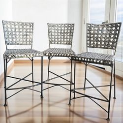 Set of 3 Vintage Wicker & Metal Bar Stools