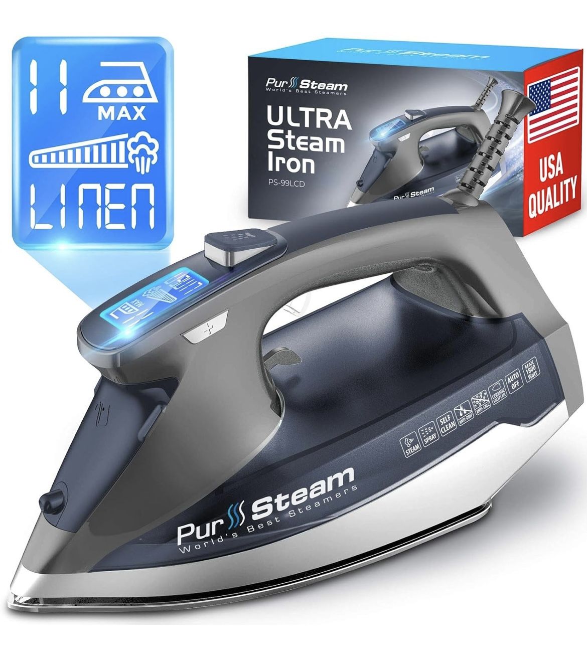 Pursteam Steam Iron for Clothes 1800W with LCD Screen