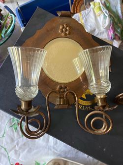 Vintage Copper Wall Sconce with Mirror and Glass Shades