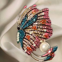 JJ Fantasia 2000s Multicolor Rhinestone Pearl Butterfly Brooch, NWT, 2x2”