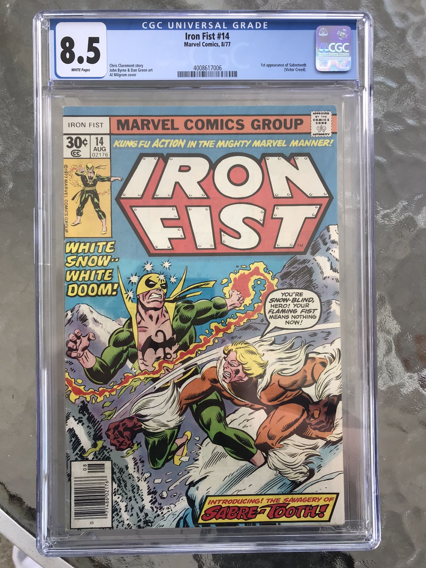 Iron Fist #14 CGC 8.5 — White Pages; 1st app. of Sabretooth (Creed)