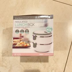 Insulated Hot Cold Lunch Box 2 Tier Stainless Steel Interior Gray Color NEW
