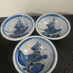 Tonala Mexican Pottery Bowl Blue Glazed Blue Bird Set Of 3