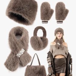Gifts Sets for Women-5 Piece, Faux Fur Bucket Hat and Glove Set