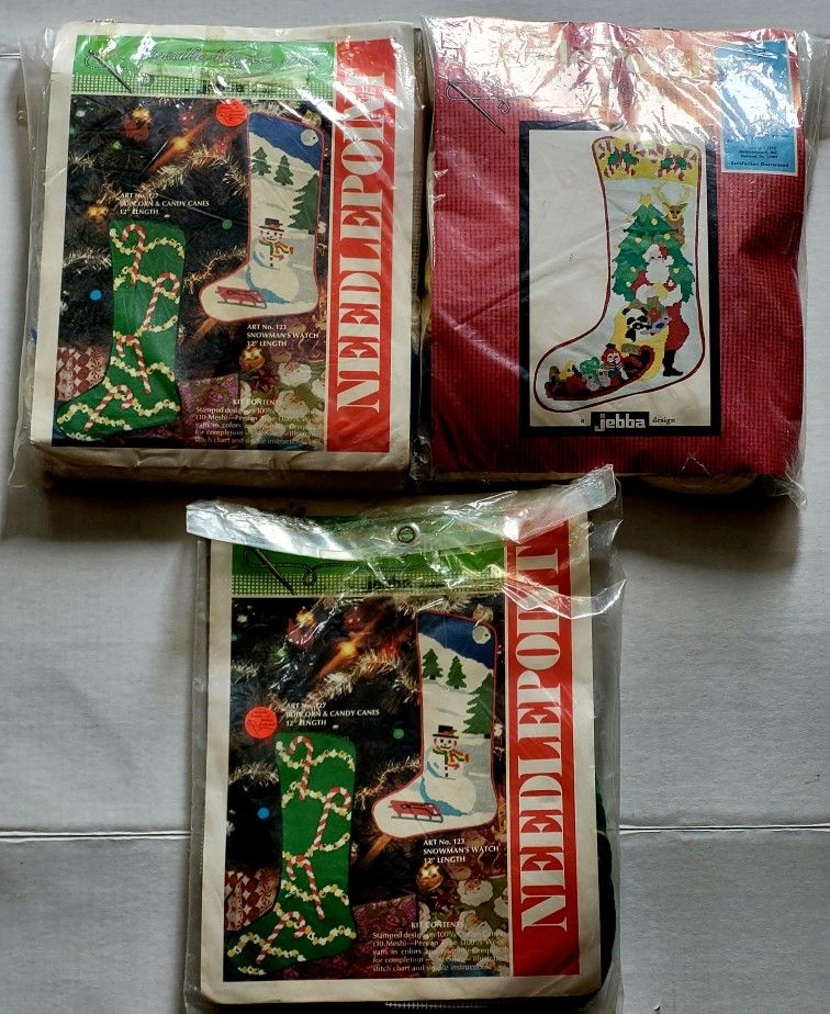 (Lot Of 3) 1972 Jebba Needlepoint Christmas Stocking Santa/ Candy Cane/Snowman Kits. This image shows a vintage Jebba Needlepoint Christmas Stocking S