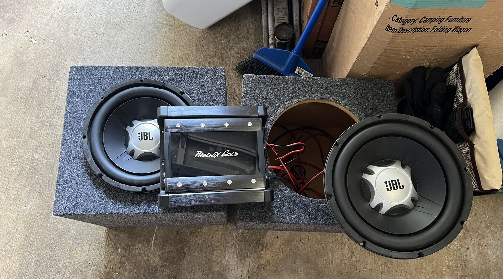 Car Audio Setup – (2) JBL 12” Subs w/ Boxes + Phoenix Gold RX250.1 Amp + Wiring Kit – Ready to Install!