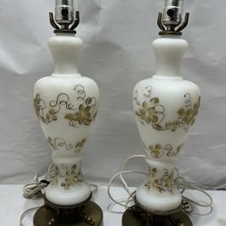 Pair of Vintage Fenton Frosted Painted Glass Lamps