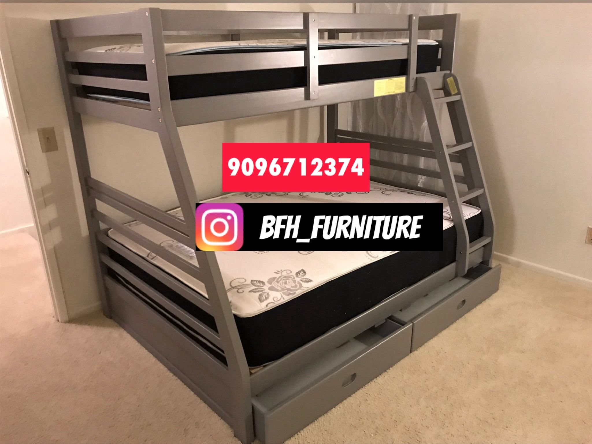 Twin/Full Gray Bunk bed w. Drawers & Ortho Mattresses Included