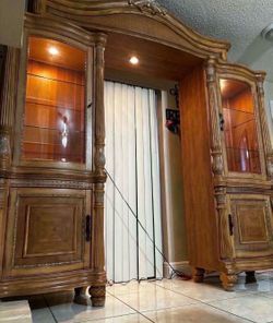 Glass Cabinets With Glass Shelves & Lights- Solid Wood- Good Condition