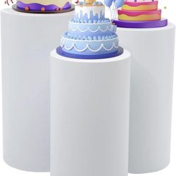 3 cylindrical pedestal stands, cylindrical display stands, white cake pedestals