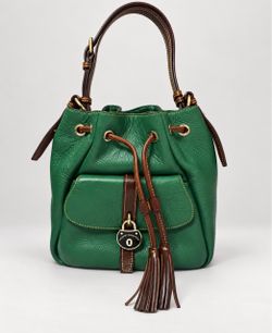 Dooney & Bourke Green Leather Drawstring Bucket Bag with Brown Trim