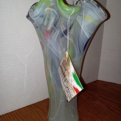 Beautiful Flawless Murano Multicolor Glass Vase 12.5 "Late 1990s Early 2000 Unused Best Price $60 Worth A Lot More 
