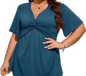 Size 3x Blue Twist Knot Plus Size Top Womens Clothing Blouse Loose Fit 