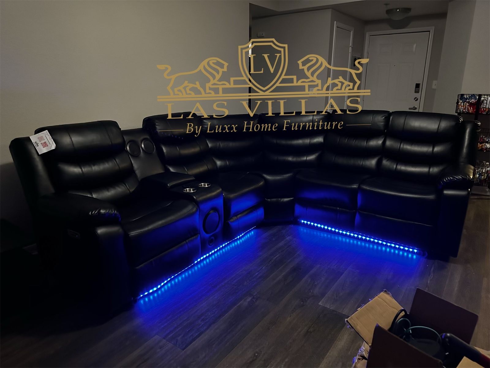 Brand New Black Power Reclining Sectional Features 2 power recliners total (1 on left side, 1 on right side) LED light strips.