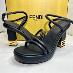 NEW FENDI BAGUETTE STRAPPY SANDAL BLACK LEATHER GOLD METAL FF LOGO HEEL SZ 37.5 