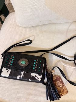 New  Black zip around Wallet Phone Clutch crossbody Turquoise faux cowhide bag