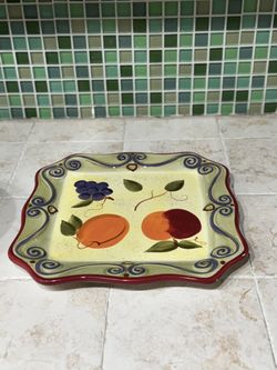 TABLETOPS UNLIMITED MEDICI HAND PAINTED SQUARE DINING PLATE FRUIT DESIGN