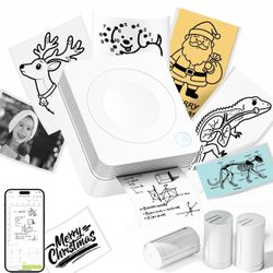 Mini Printer, Bluetooth Sticker Maker Machine with 3 Rolls Paper, Portable Print Pod for Journal, Lists, Study Notes, Pictures, DIY Gifts for Home Chr