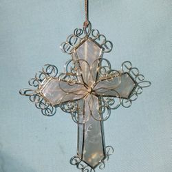 Vintage 3D Golden Wire & Faux Shell Cross Christmas Ornament Christian Symbol