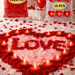 Valentine’s Day Romantic Set 1000 Rose Petals & 10 Heart Candles New