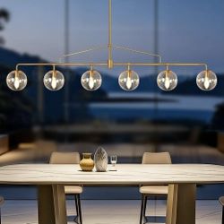 Gold Linear Chandelier 6 Lights Mid Century Modern Dining Room Chandelier Kitchen Island Pendant Light with Seeded Glass Shades for Island, Farmhouse,