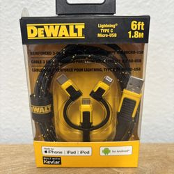 Dewalt reinforced three and one cable for lightning type C and micro and USB 6 foot long