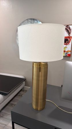 Brass Cylinder Table Lamp with White Shade