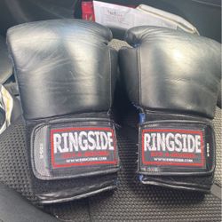 Ringside Boxing Gloves  Size Medium And Black Leather Top Side And Blue Palm Side