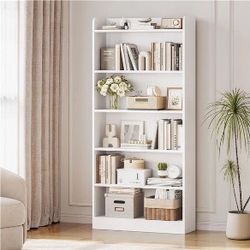 Modern Simple Tall Bookcase with Top Open Compartment for Office, Study, Living Room