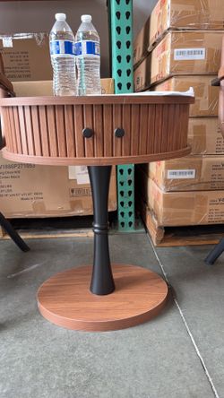 Small End Table with Storage Drawer, Oval Wood Side Table with 2 Sliding Door, Walnut  /Natural