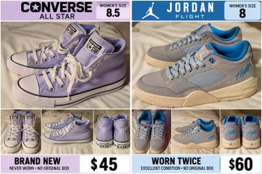 BRAND NAME WOMEN'S SNEAKERS FOR SALE — CONVERSE & JORDAN

Selling two pairs of women's name-brand sneakers in excellent condition!

👟 Lavender Conver