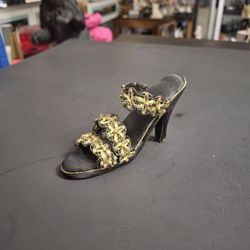 Fete Collectible Vintage 1999 Miniature High Heel Ebony & Gold Open Toe Sandle Embellished W/Goldtone Beads 2.25"H X 4"L