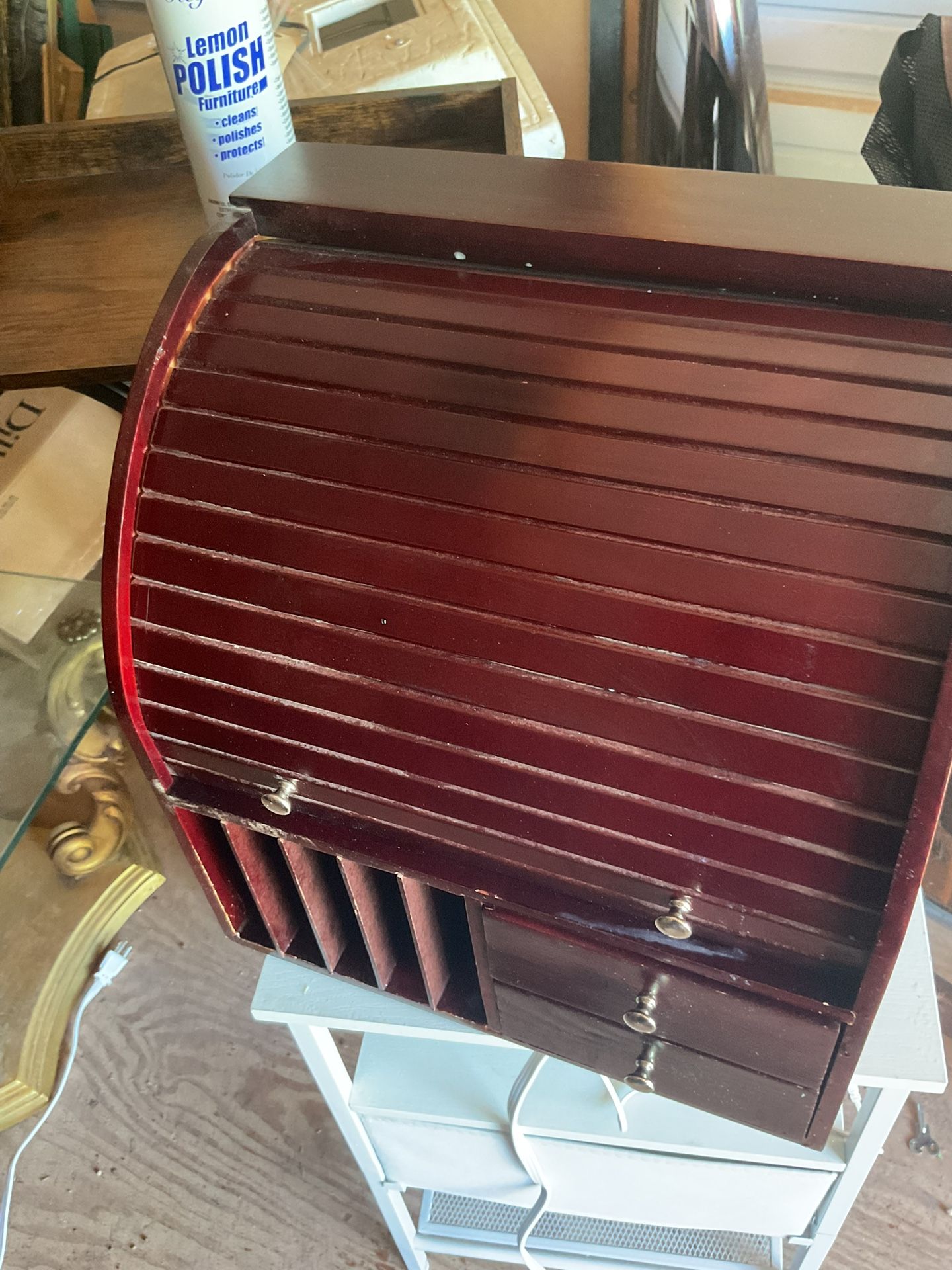 Roll top organizer it’s 15 inches tall 14 inches wide and 10 inches deep