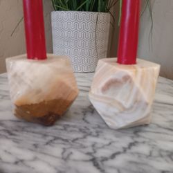 $10 Pair VTG Onyx/Alabaster Hexagonal Taper Candle Holders, Neutral Colors