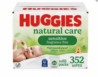 Gentle baby wipes are Huggies Natural Care sensitive fragrance free. Has 352 wipes in 2 refill packs. Plant-based wipes.  New