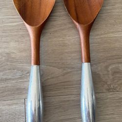 Teak Wood Salad Serving Spoon Set 2 Pc Silver Tone Handles Vintage
