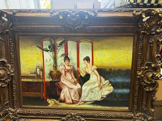 Framed Oil Painting Two Women Victorian Scene