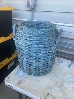 Large Blue Painted Wicker Basket with Handles