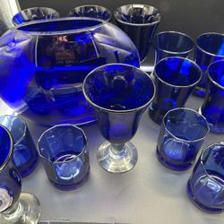15pc Poland Blue Glass Set With Large And Small Vase Plus Goblets 