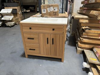 36*18" Wood Bathroom Vanity with Solid Wood Frame, 2 Soft Close Doors, 3 Soft Close Drawers, Adjustable Shelf, Modern Storage Cabinet for Small Bathro