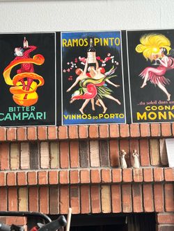 “Set of 3 Framed Vintage Style Liquor Advertising Prints – Campari, Ramos Pinto, Cognac Monnet