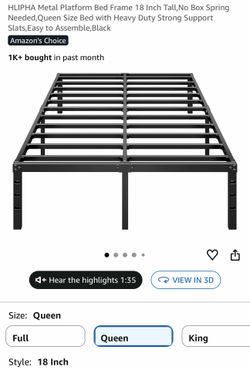Bed frame size queen 18” new in box $$60