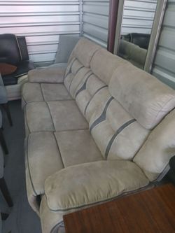 Beige Suede 3-Seat Sofa with Gray Trim