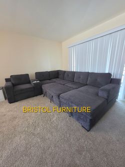 🎲 Sectional Sofa, Black Chenille Fabric, USB Ports, Cup Holder, Sleeper, New in the Box.