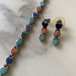 Vintage Sterling Silver Sweetheart Heart Bracelet + Earrings Set Multi-Stones Malacahite Turquoise Lapis Lazuli Taxco?